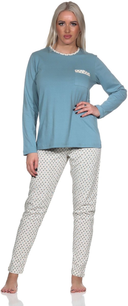 Normann damespyjama met lange mouwen en pyjamabroek in stippenlook blau