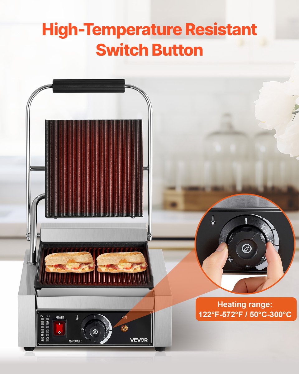 VEVOR Commerciële Panini Grill Sandwich Maker Grillplaat 22x23cm Panini Maker thumbnail 4