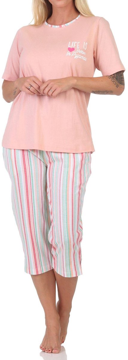 Normann dames capri pyjama met korte mouwen in elegante strepenlook – ook in grote maten apricot