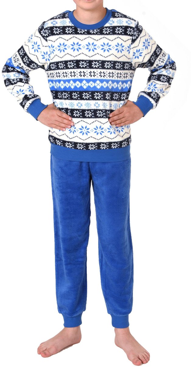 Normann Unisex-kinderpyjama met lange mouwen en manchetten in Noorse look in koraalfleece blau