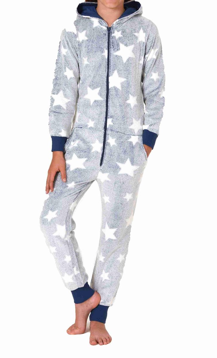 Normann Meisjespyjama jumpsuit in sterdessin van behaaglijk warm koraalfleece blau