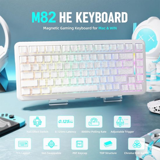 Mechanisch Gaming Toetsenbord met Rapid Trigger, 8000Hz, Instelbare Actuatie en Hot-swappable Switches - Wit — afbeelding 5