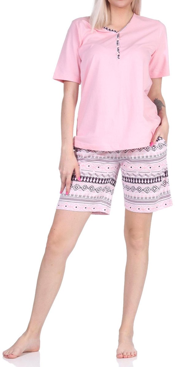 Normann Dames shorty pyjama met korte mouwen in etnische look - ook in oversized - 122 205 226 rosa