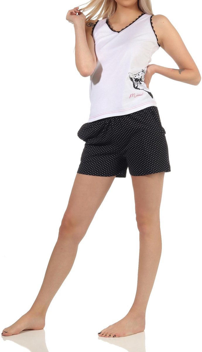 Normann Dames onderarm shirt shorty pyjama tank top met kat motief, broek in polka dot look weiss