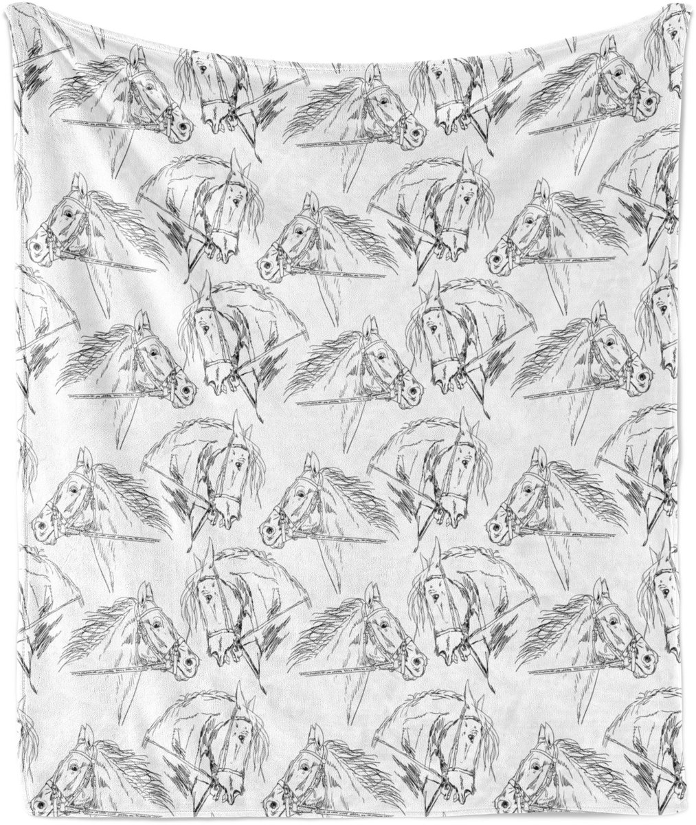 ABAKUHAUS Zachte flanellen fleece deken met paardenprint, merriemotief, knusse pluche plaid, 125 x 175 cm, wit zwart