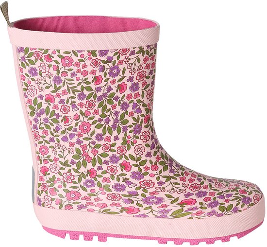 Botte de pluie rose à imprimé floral, doublure rose et languette.
