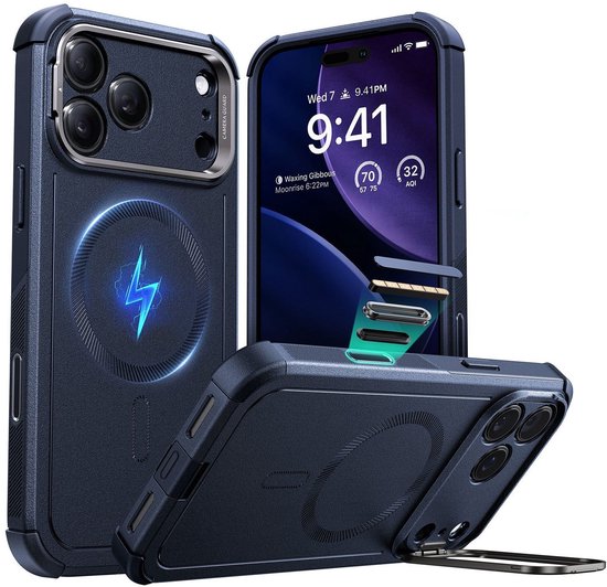 Coque ESR pour iPhone 17 Pro Max – Support Cyber Tough – Compatible MagSafe/Qi2 – Coque arrière avec support – Béquille – Contrôle de l'appareil photo – Blauw