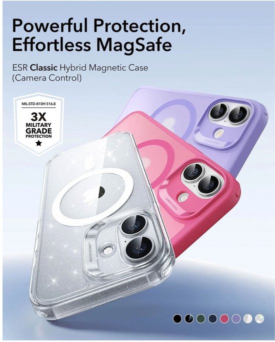 Drie iPhone-hoesjes op een rij: een doorzichtige glitterhoes en twee gekleurde (paars en roze) MagSafe-hoesjes.
