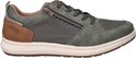 Zijaanzicht van groene Rieker sneaker met rits, veters en bruine details.