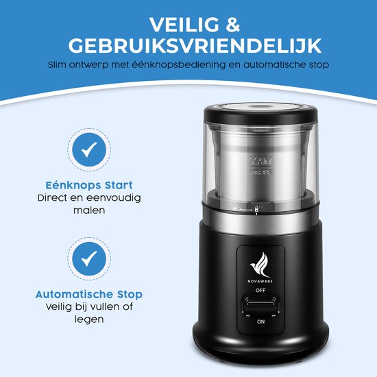 Zwarte elektrische koffiemolen met doorzichtige deksel, aangeduid met 'NOVAARE'. Kenmerken: éénknops start en automatische stop.