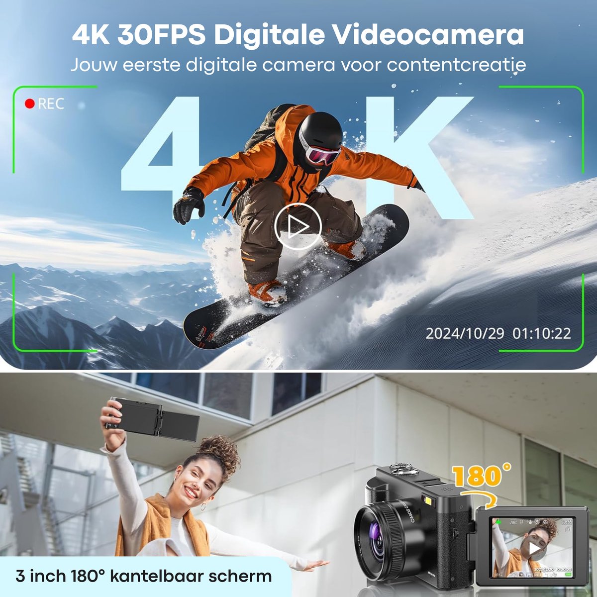 Vizual 48MP 4K Camera - draaibaar scherm, 2 batterijen en 32GB kaart thumbnail 7