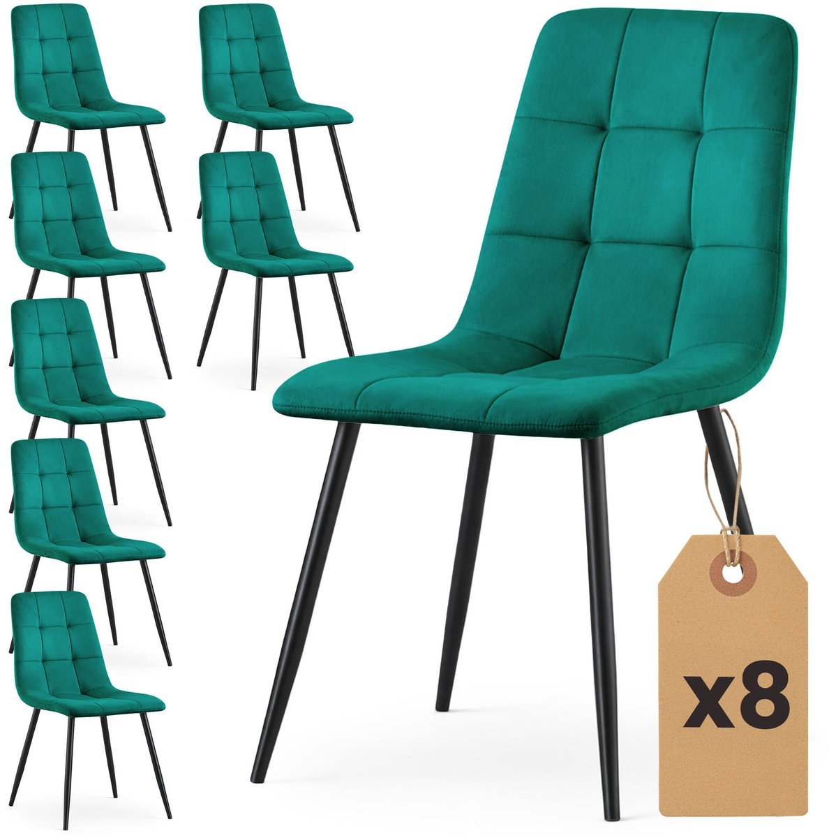 Set van 8 Eetkamerstoelen NERO / Gestoffeerde Stoelen / Fluwelen Stoelen en Metalen Poten / Flesgroen met zwarte benen