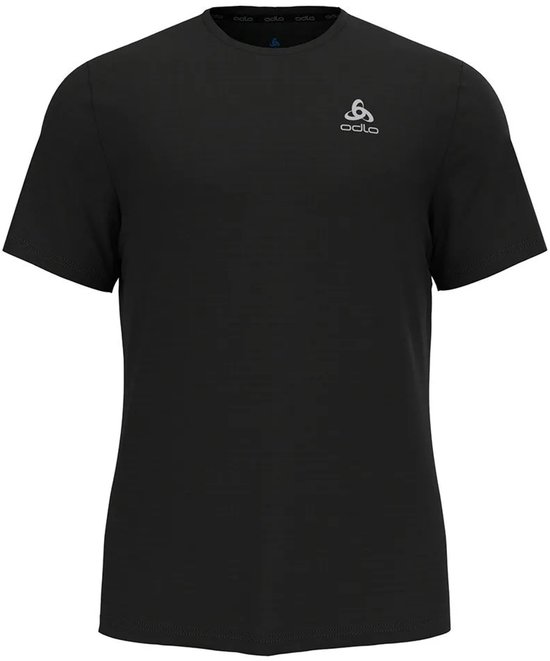 Zwart Odlo sportshirt met korte mouwen en klein zilverkleurig logo op de borst.