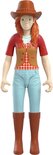 Speelgoed ruiter met bruine hoed, rood vest, blauwe broek en bruine laarzen