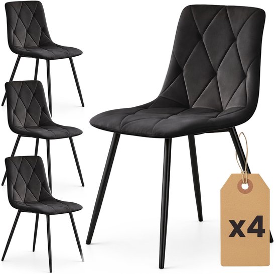 Lot de 4 Chaises de Salle à Manger MILO / Chaises Rembourrées / Chaises en Velours et Pieds en Métal / Noir avec pieds noirs