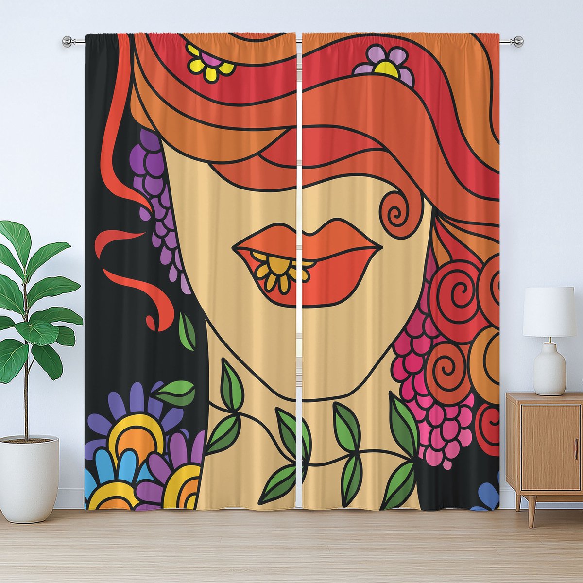 ABAKUHAUS Hedendaags rustiek gordijn, abstract vrouwenmotief, met lussen en haken voor de woonkamer, 280 x 175 cm, oranje, rood, paars