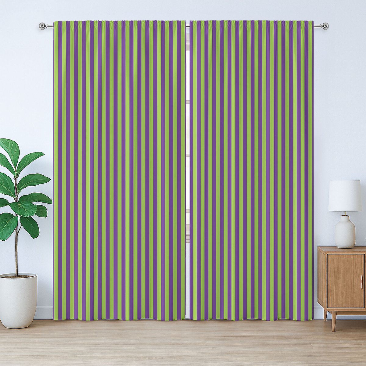 ABAKUHAUS Vintage Rustiek Gordijn, Blauw, Groen, Opvallende Strepen, Gordijn met Plooiing, Lusjes en Haken, 280 x 260 cm, Koningsblauw Limegroen