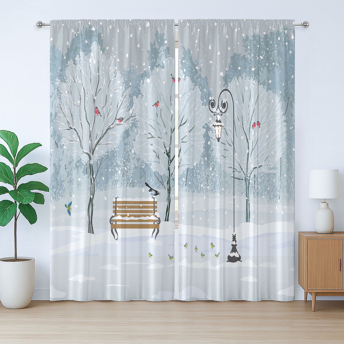ABAKUHAUS Rustiek wintergordijn, sneeuw in een park en kerstboom, slaapkamergordijn met lussen en haken, 280 x 175 cm, blauw wit