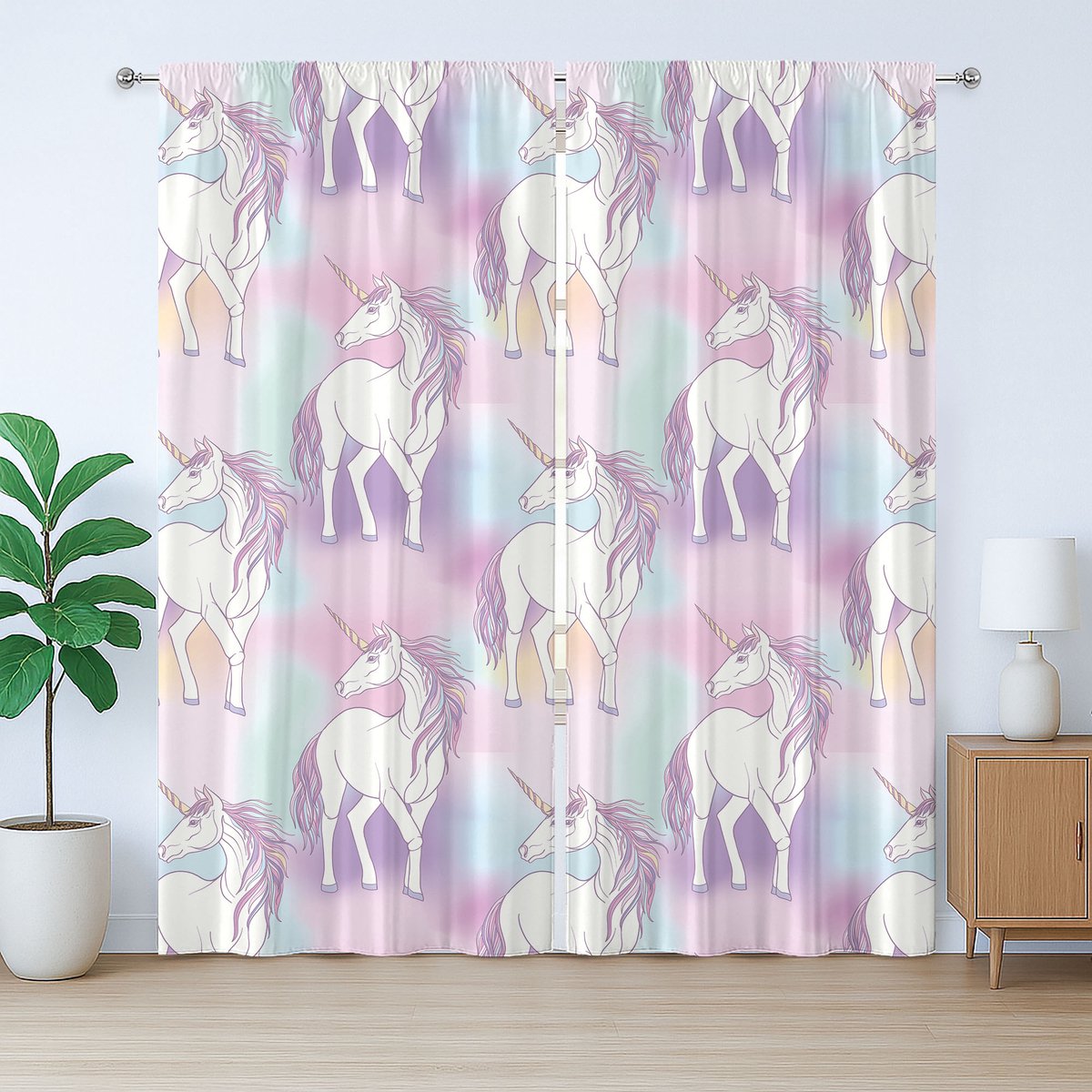 ABAKUHAUS Pastel Rustiek Gordijn, Kleurrijk Sprookjesmotief, met Bandjes en Lussen voor de Woonkamer, 280 x 245 cm, Wit Paars