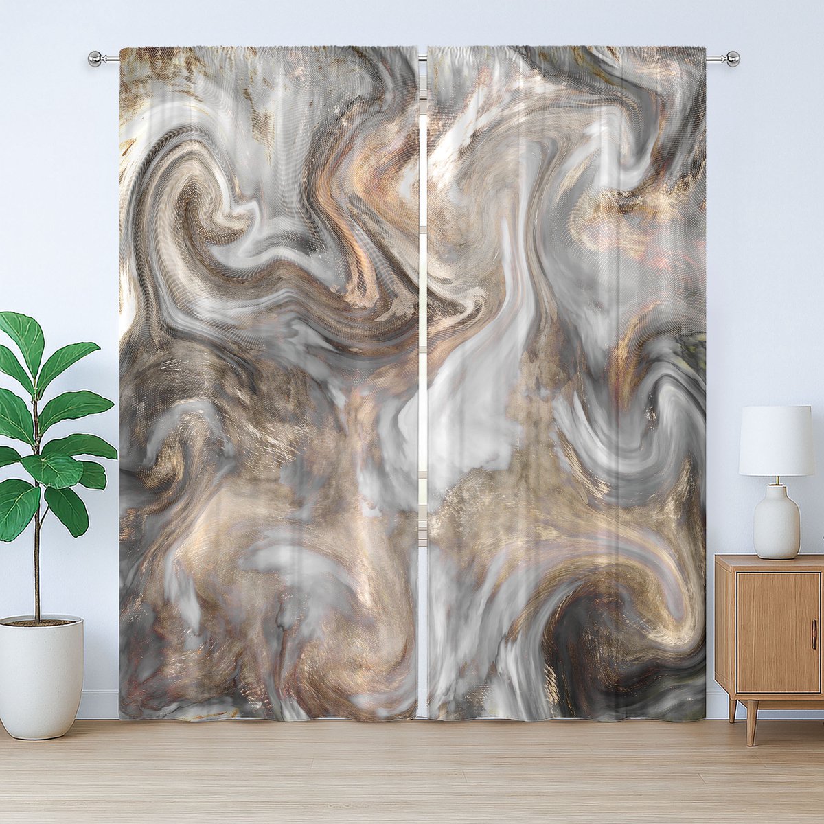 ABAKUHAUS Marmeren Rustiek Gordijn, Retro Kwastverf, met Bandjes voor de Woonkamer met Lussen en Haken, 280 x 225 cm, Zandbruin Lichtgrijs