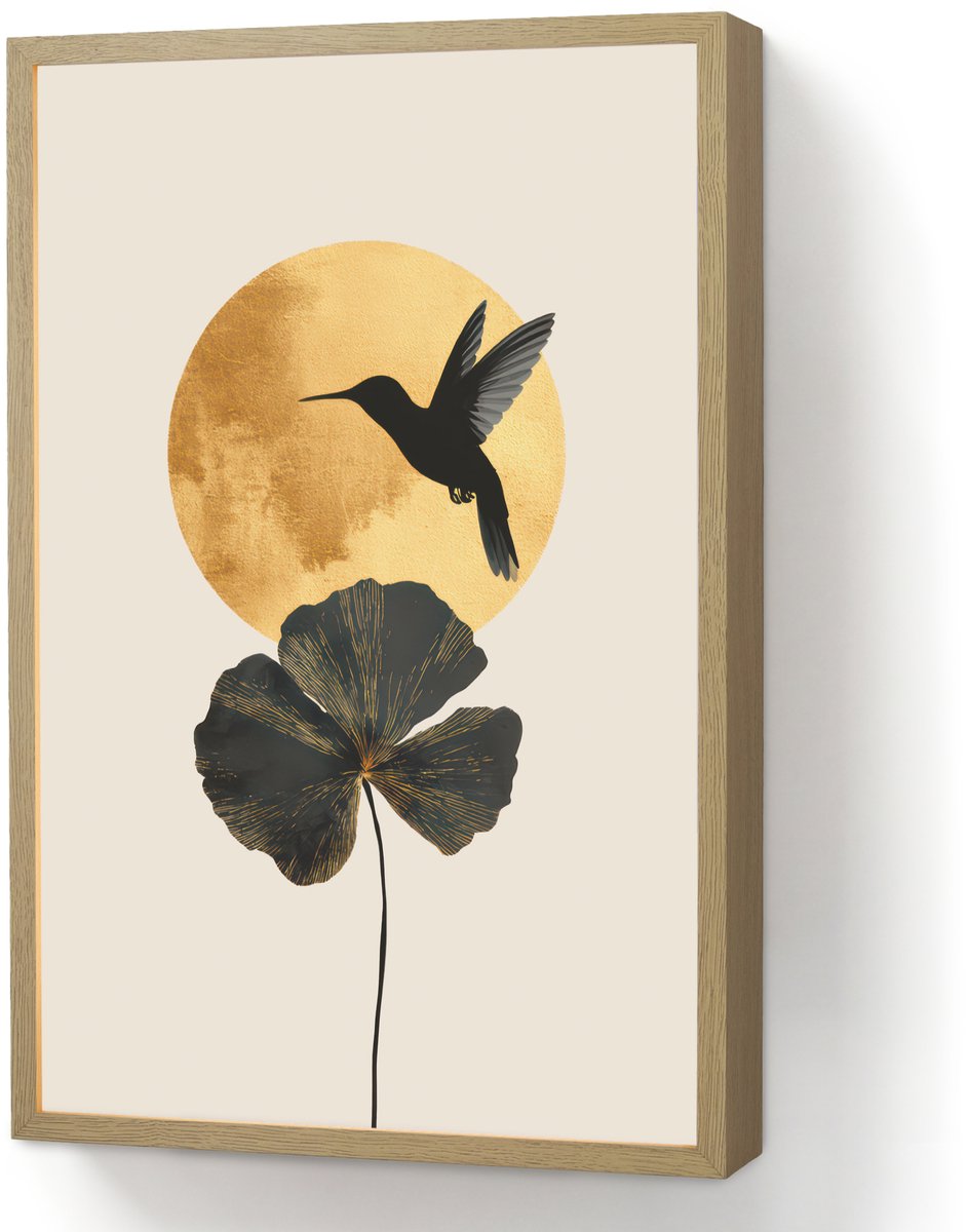 Wandlamp 40x60 cm - Oplaadbaar - Zwarte kolibrie - Bloem - Gouden cirkel - Wandlampen binn