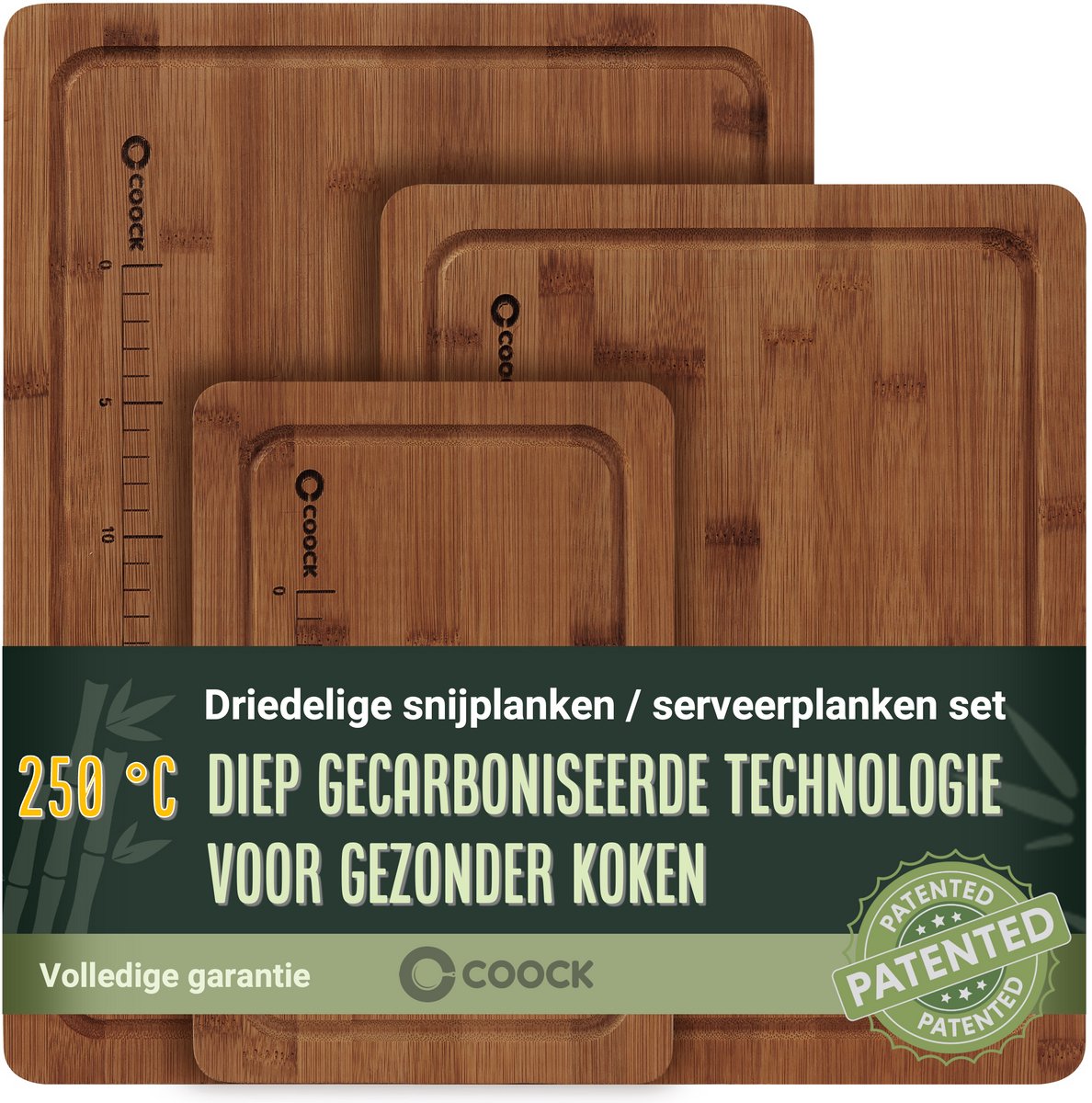 COOCK - Bamboe Houten Snijplankenset met Houder – Snijplank met Sapgeul – Serveerplank – Kaasplank - Borrelplank - voor Elke Keuken - Geïntegreerde Handgrepen en Maatverdeling - 3 Stuks - 40x30 | 33x26 | 26x18