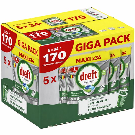 Dreft Platinum All In One Vaatwastabletten - Original - 170 Capsules - Jaarvolume