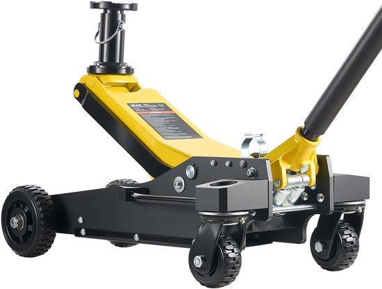 Gele en zwarte hydraulische krik met wielen en hendel.