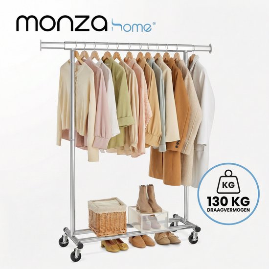 Monza Home® Kledingrek op Wieltjes - Metaal - Zwaar Belastbaar - Chroom
