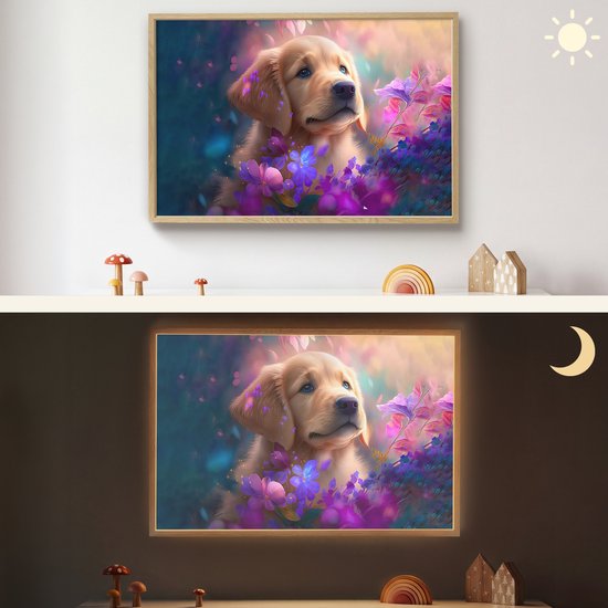 Nachtlampje 90x60 cm - Kinder lamp - Hond - Puppy - Zon - Bloemen - Golden retriever - Tafellamp kinderkamer draadloos - Slaapkamer lampje - Bedlamp kinderen - Kinderlampje - Wandlamp babykamer - Nachtlampjes van Merkloos — afbeelding 4