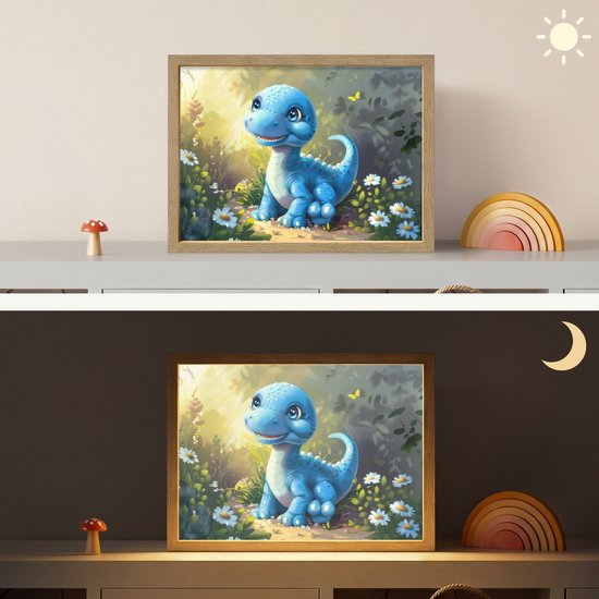Nachtlampje 40x30 cm - Kinder lamp - Dino - Blauw - Baby - Dinosaurus - Tafellamp kinderkamer draadloos - Slaapkamer lampje - Bedlamp kinderen - Kinderlampje - Wandlamp babykamer - Nachtlampjes van OnlyWow — afbeelding 4