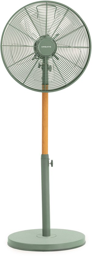 Retro stijl staande ventilator 50W koperen motor 3 snelheden 75° oscillatie verstelbaar 90-120 cm salie