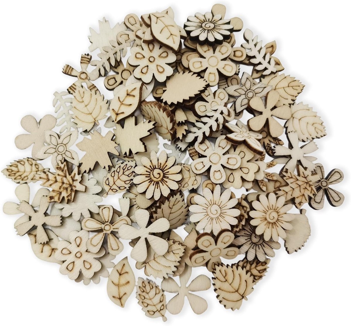 Houten Uitsparingen Bloem - Knutsel Hout - Doe-het-zelf Decoratie - 100 Stuks Mini Vormen - 1.5 x 2.5 cm - Natuurhout