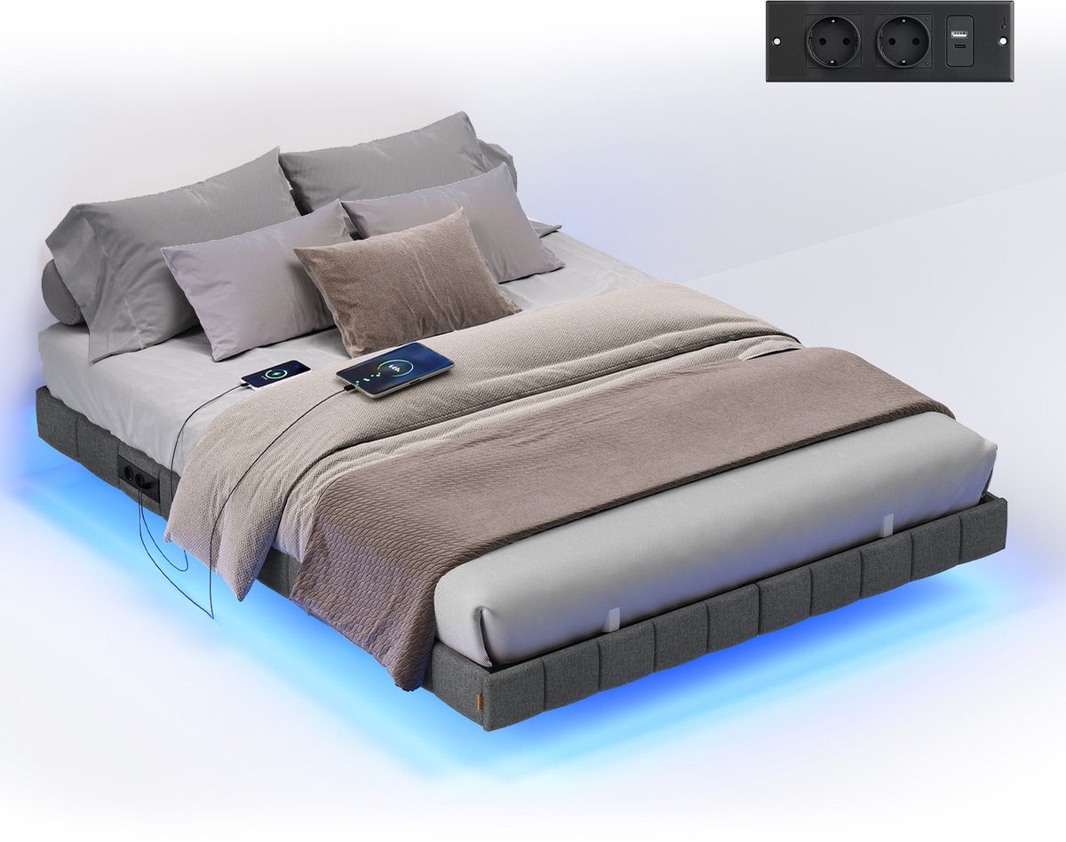 Vasagle Bed - Met LED-Verlichting - Zwevend Effect - Met Stopcontacten Grijs