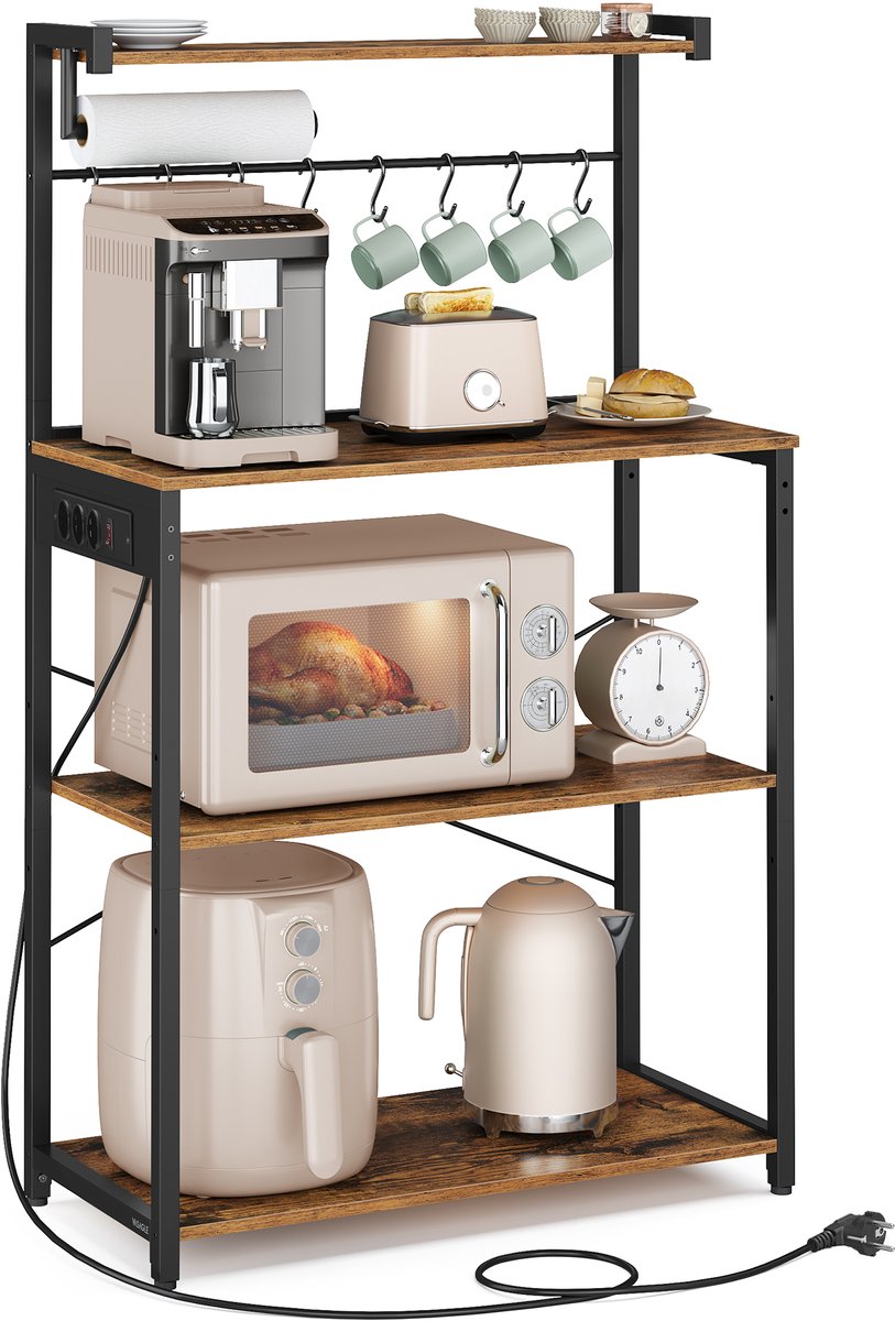 VASAGLE KKS029KD02 - Staande Rek met 4 Niveaus - Keukenrek met Oplaadstation - 8 Haken
