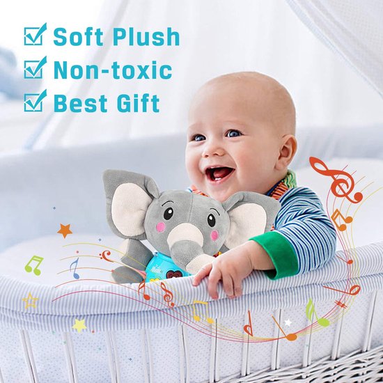 Pluche olifant muziek baby speelgoed 0 tot 6 maanden, schattige knuffel dieren lichtgevende baby speelgoed pasgeboren baby muziek speelgoed voor baby's jongens en meisjes peuters 6 tot 12 maanden — afbeelding 4