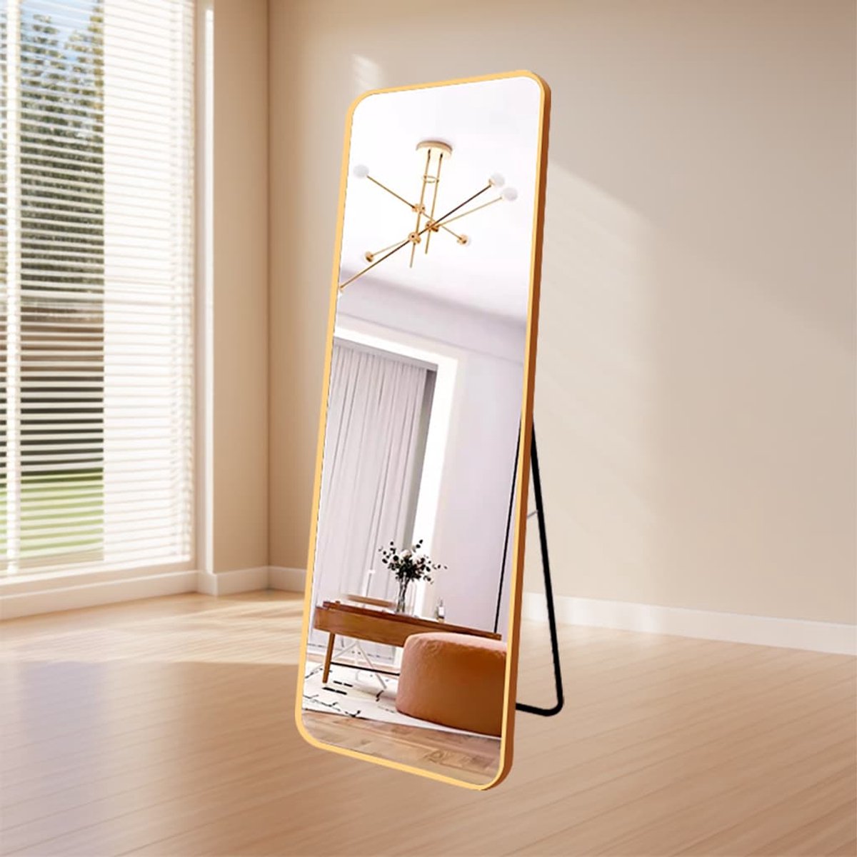 LoXa - Passpiegel Elegancia Goud – Staand en Ophangbaar – Aluminium Frame – 160x60 cm – Kristalhelder HD-glas – Luxe Design