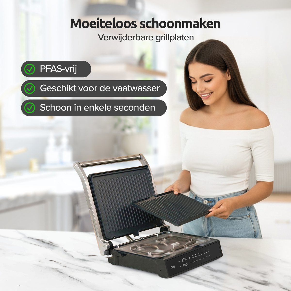 Olvy Contactgrill XL - Uitneembare PFAS-vrije platen - 180º Uitklapbaar - Vaatwasserbestendig - Met Temperatuurregeling - Panini - Croque Monsieur Toestel - Grill Apparaat - Tosti Ijzer - Apparaten — cadeau in Kookcadeaus - foto 3