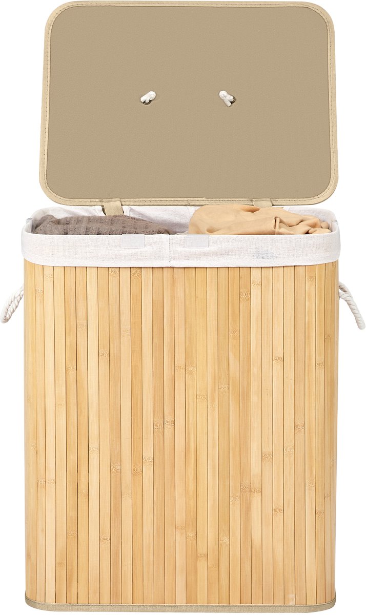 SONGMICS LCB014Y01V1 - Wasmand met Deksel - 2 Vakken - Uitneembare en Wasbare Waszak - Bamboe