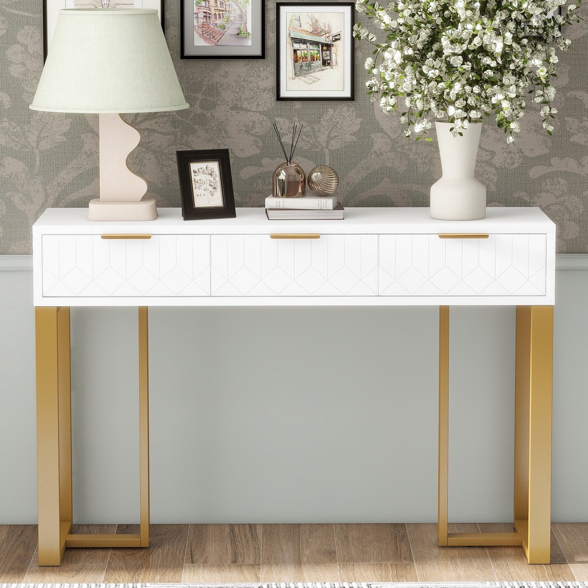 REDOM - Consoletafel - Met Laden En Verstelbare Voetdoppen - Modern - Voor Woonkamer Of Hal - MDF - Wit En Goud