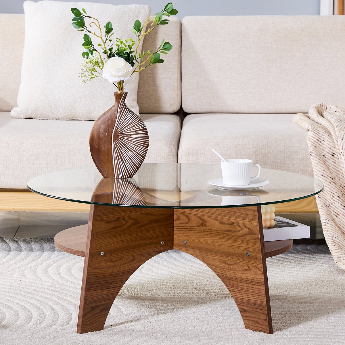 REDOM Ronde Tafel - Veiligheidsglas - Waaivormig Onderstel - Modern - Voor Woonkamer - MDF En Glas - Transparant En Walnootkleurig - Ø 80 x 36 cm Transparant + Walnoot