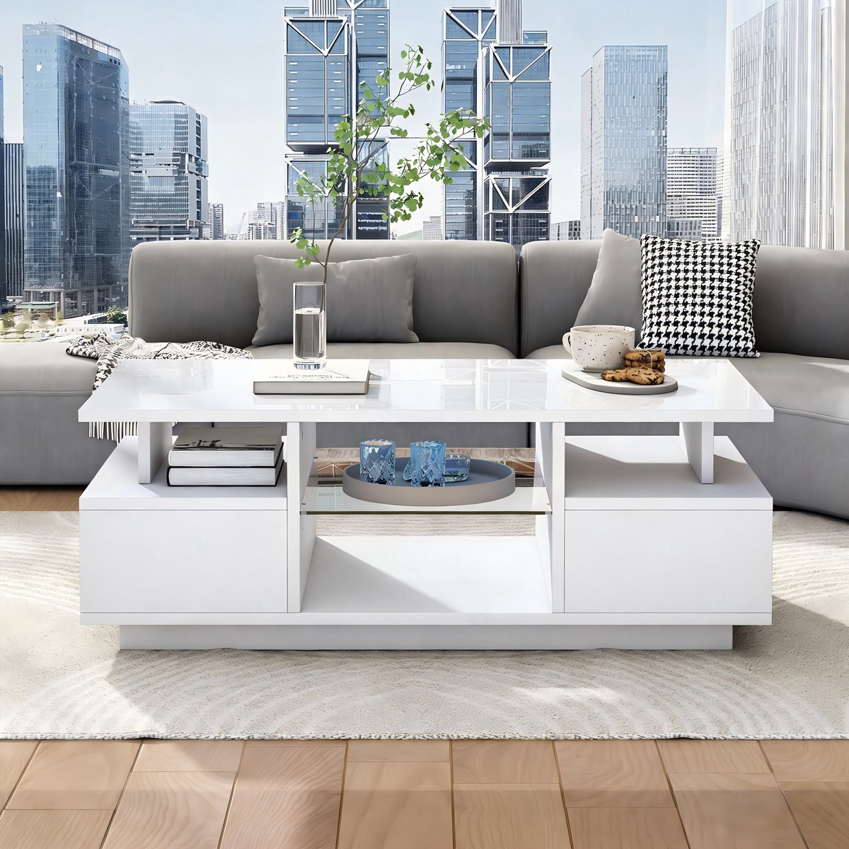 REDOM Salontafel - 2 Lades En LED-Verlichting - Modern - Woonkamer - Spaanplaat En Glas - Wit - 100 X 50 X 36 Cm