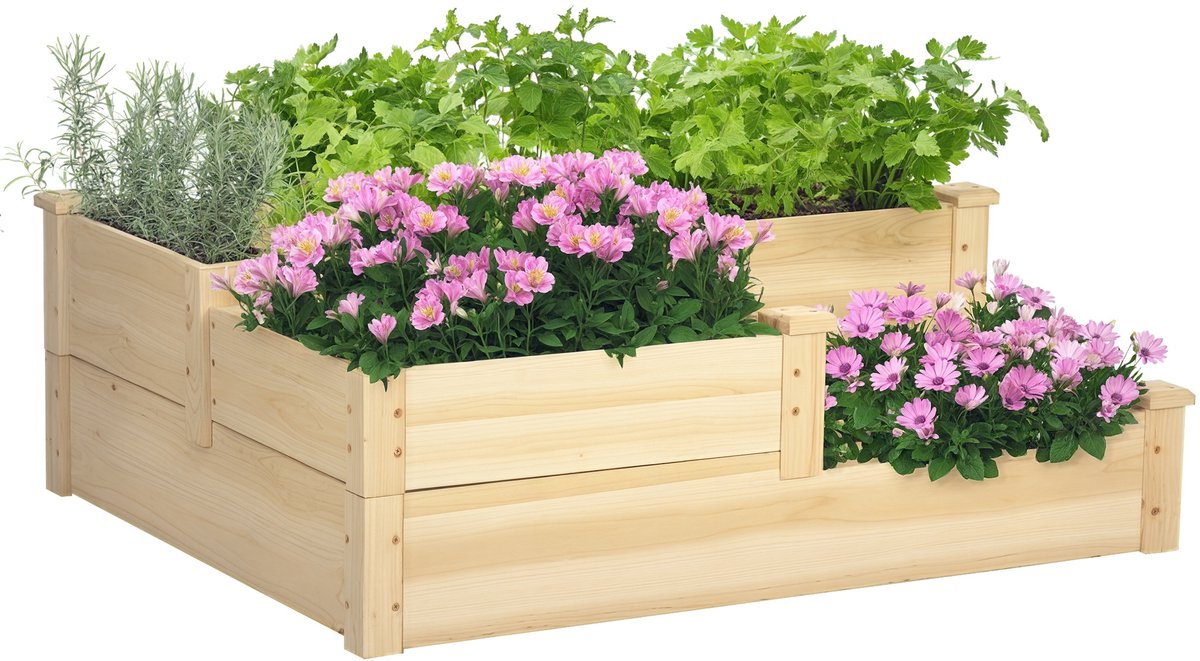 Killogood Verhoogde bak met 3 plantenbakken - 3-laags design - open bodem - 108 cm x 88 cm x 36 cm - naturel
