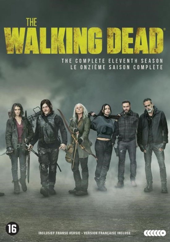 The Walking Dead Complete Eleventh Season DVD cover. Six characters pose in a line with a grey, cloudy background.