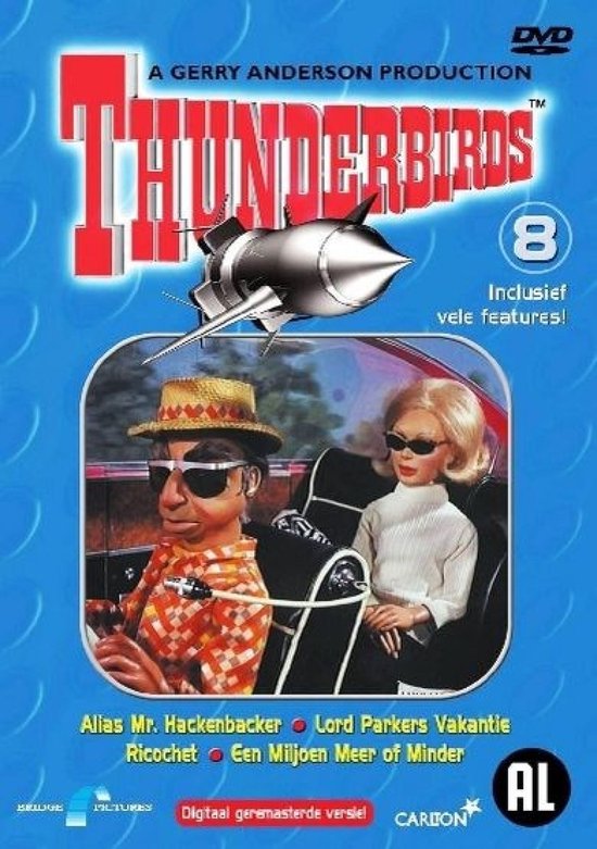 DVD hoes met "Thunderbirds 8" logo, een zilveren vliegtuig en poppen in een auto. "Digitally Remastered Version" tekst.