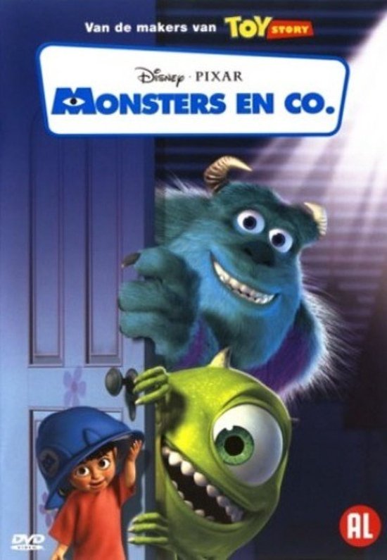 De DVD-hoes van Monsters en Co toont Sully en Mike die door een deur gluren, met Boo ernaast.