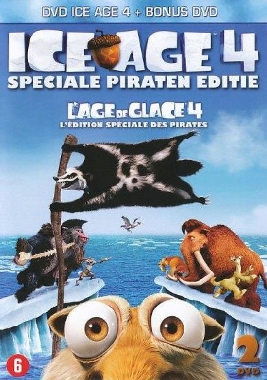 DVD cover van Ice Age 4 Speciale Piraten Editie met Scrat, Sid, Manny, Diego, Ellie, Crash, Eddie, Peaches en Louis.