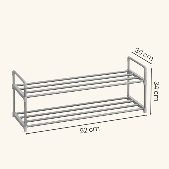 Grijs metalen schoenenrek van 92 cm lang, 30 cm diep en 34 cm hoog, met twee lagen.