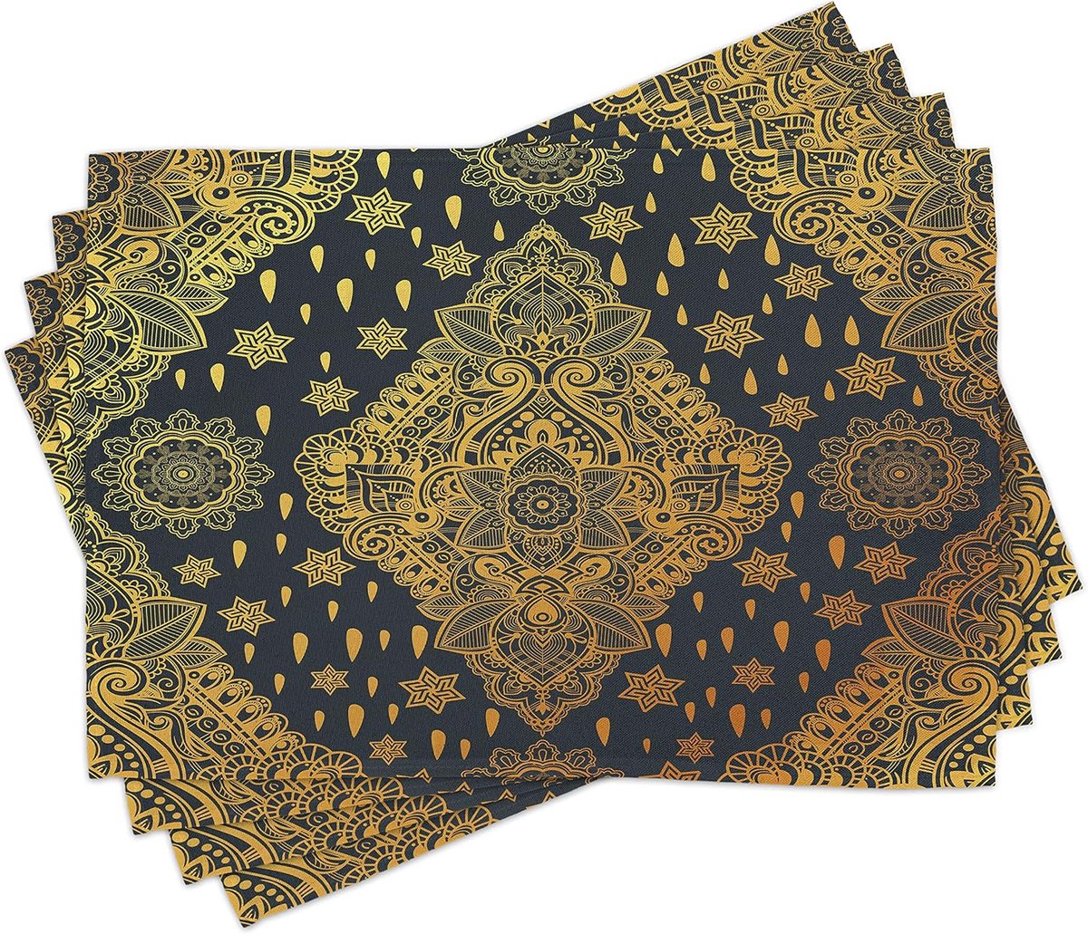 Placemat Set - Tafelonderlegger - Eettafel Decoratie - Wasbaar Stof - Set van 4 - Grijs Mosterd