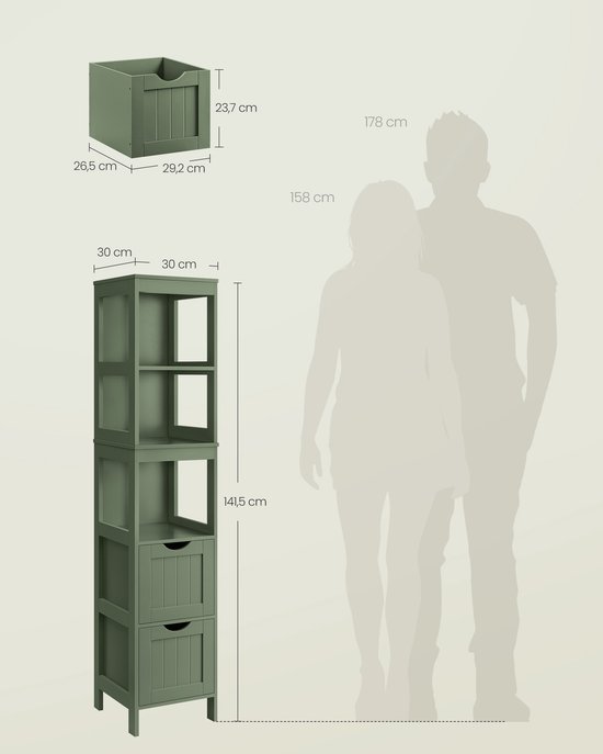 Afmetingen van de groene badkamerkast met 2 lades en open vakken, getoond naast silhouetten van twee personen.